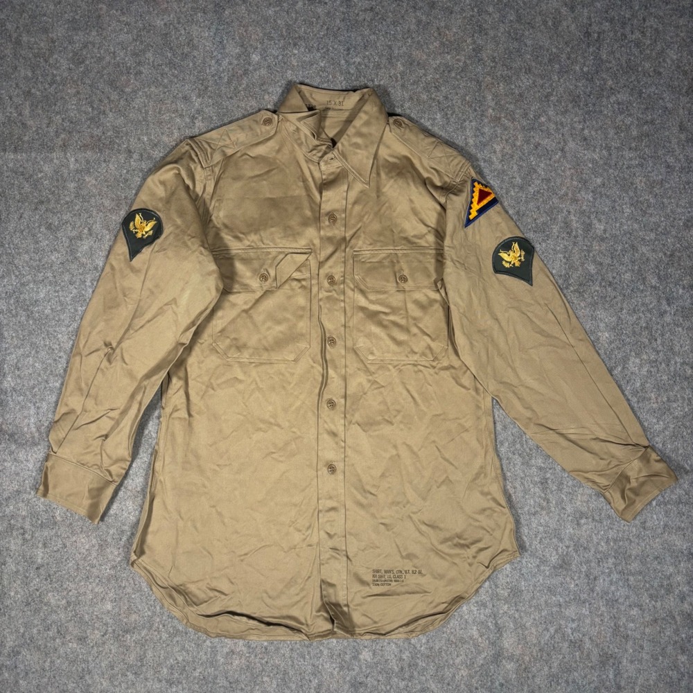 Vintage US Army Khaki Cotton Shirt Mens 15x31 Tan Military Uniform Patches 60s